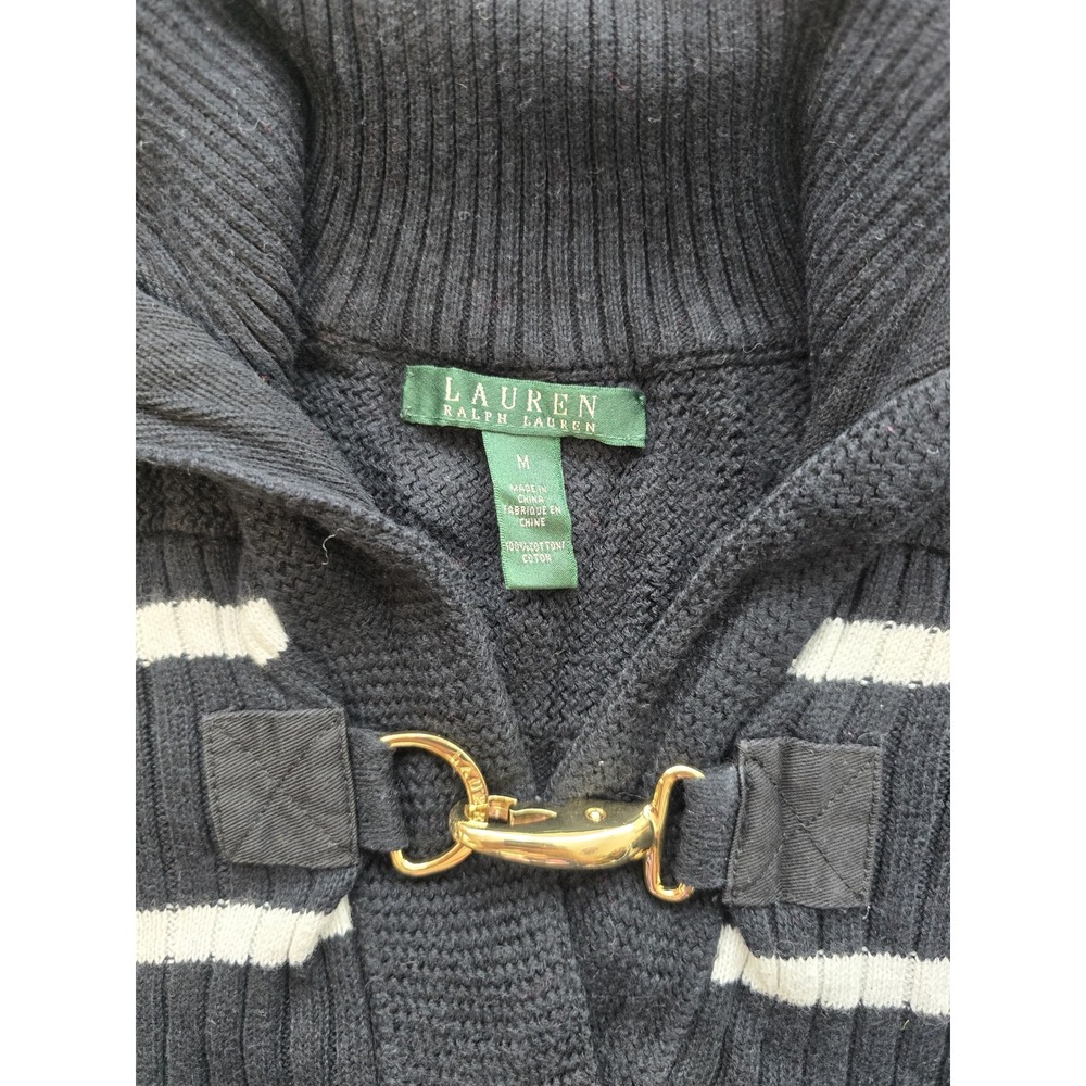 Lauren Ralph Lauren Navy White Striped Ribbed Sweater Gold Clasp Shawl Collar M